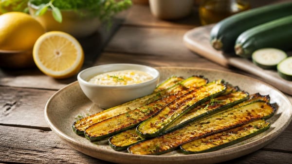 Une alternative légère aux frites classiques : courgettes croustillantes au four, accompagnées d'une sauce fraîche re…