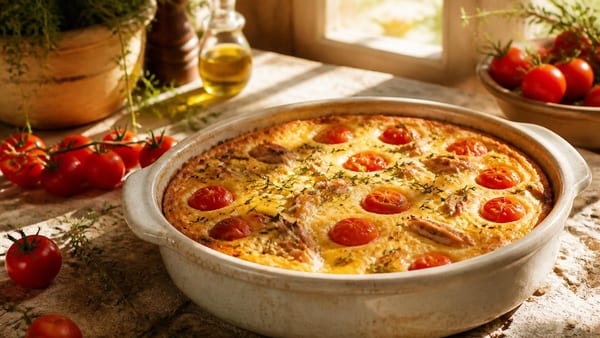 Un flan salé parfumé au thym et aux tomates, prêt en dix minutes de préparation, qui transforme le placard en repas c…