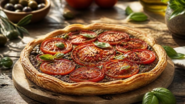Découvrez comment réaliser une tarte méditerranéenne aux tomates fondantes et tapenade avec une pâte aérienne au from…